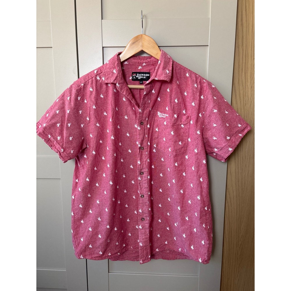 Jackson Hole Mens Short Sleeve Button Down Shirt Red Bronco Print Preppy Large